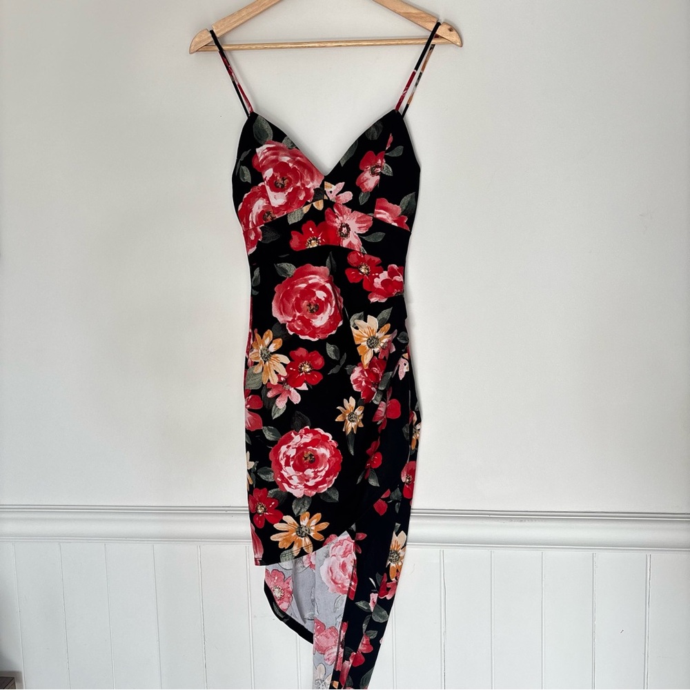 Y2K Sweetheart Floral Midi Dress Size XS Party Asymmetrical Romantic 90s C49